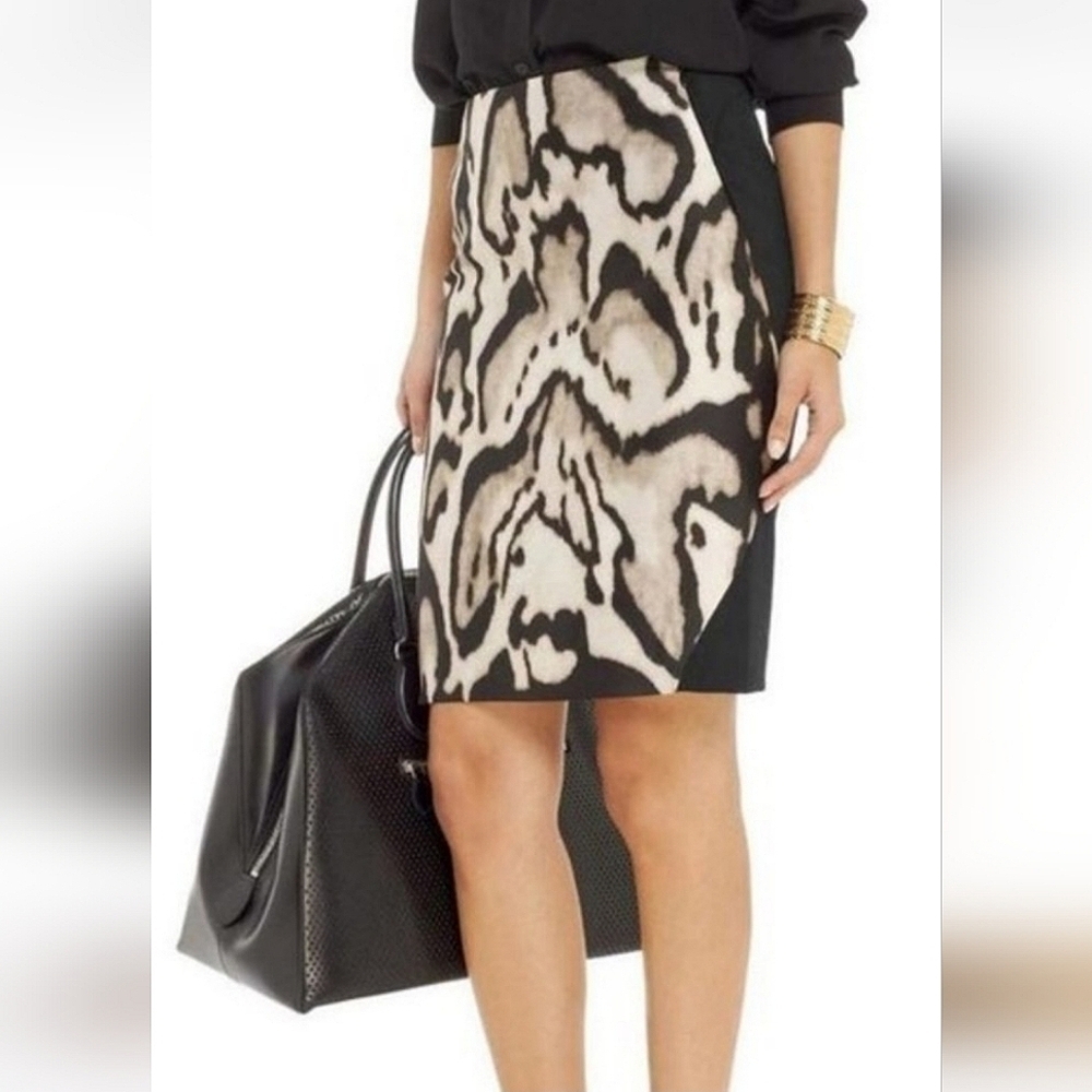 DVF Mae Mikado Leopard Pencil Skirt Wool & Silk Blend Size 10 Women's Black Knit